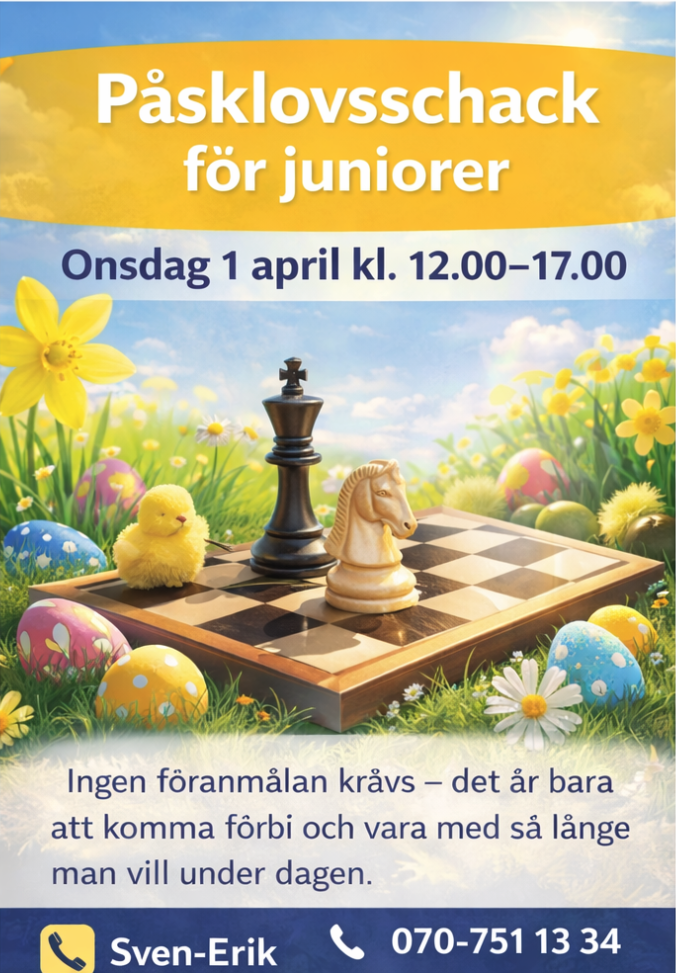 Påsklovsschack för juniorer – onsdag 1 april kl. 12.00–17.00